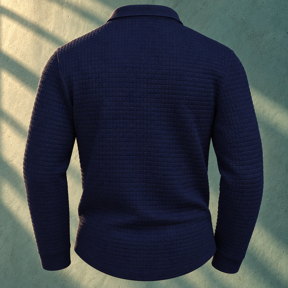 Hugh Waffle Texture Long Sleeve Polo Sweater - Navy Blue