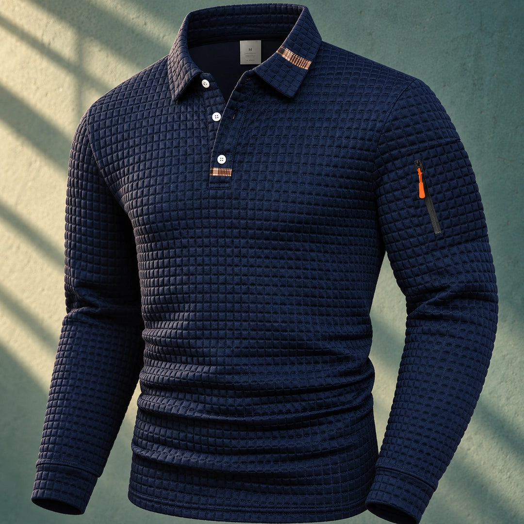 Hugh Waffle Texture Long Sleeve Polo Sweater - Navy Blue