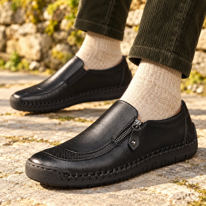 Ian Genuine Leather Zip Moccasin Loafers - Black