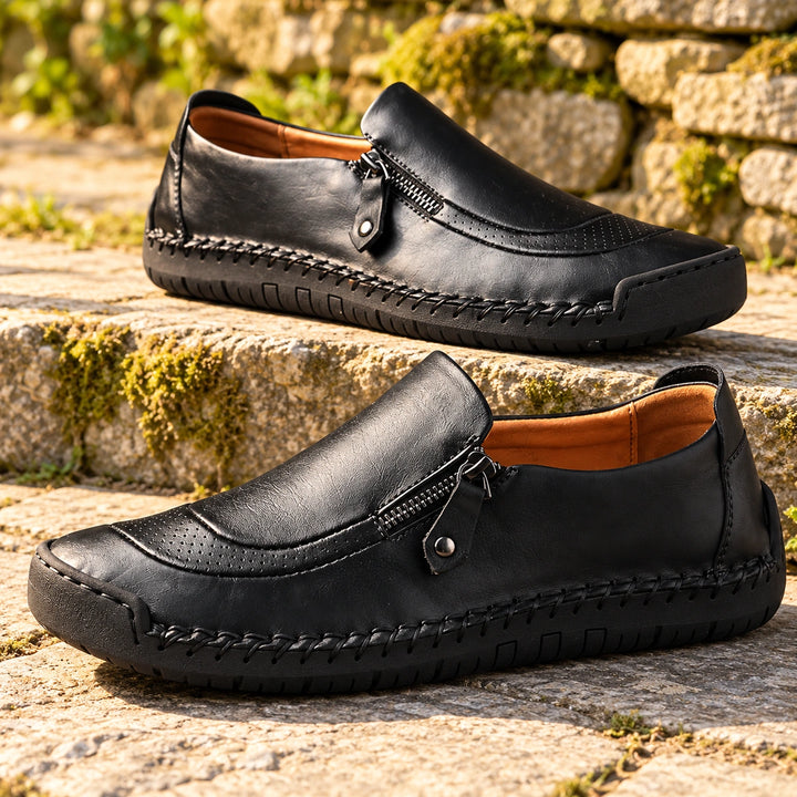 Ian Genuine Leather Zip Moccasin Loafers - Black