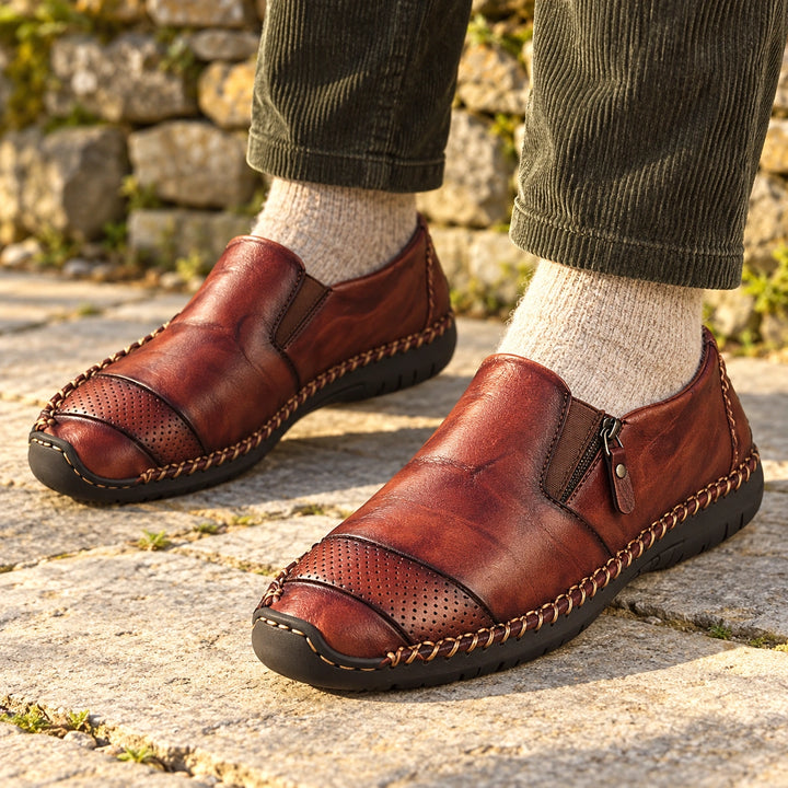 Ian Genuine Leather Zip Moccasin Loafers - Brown