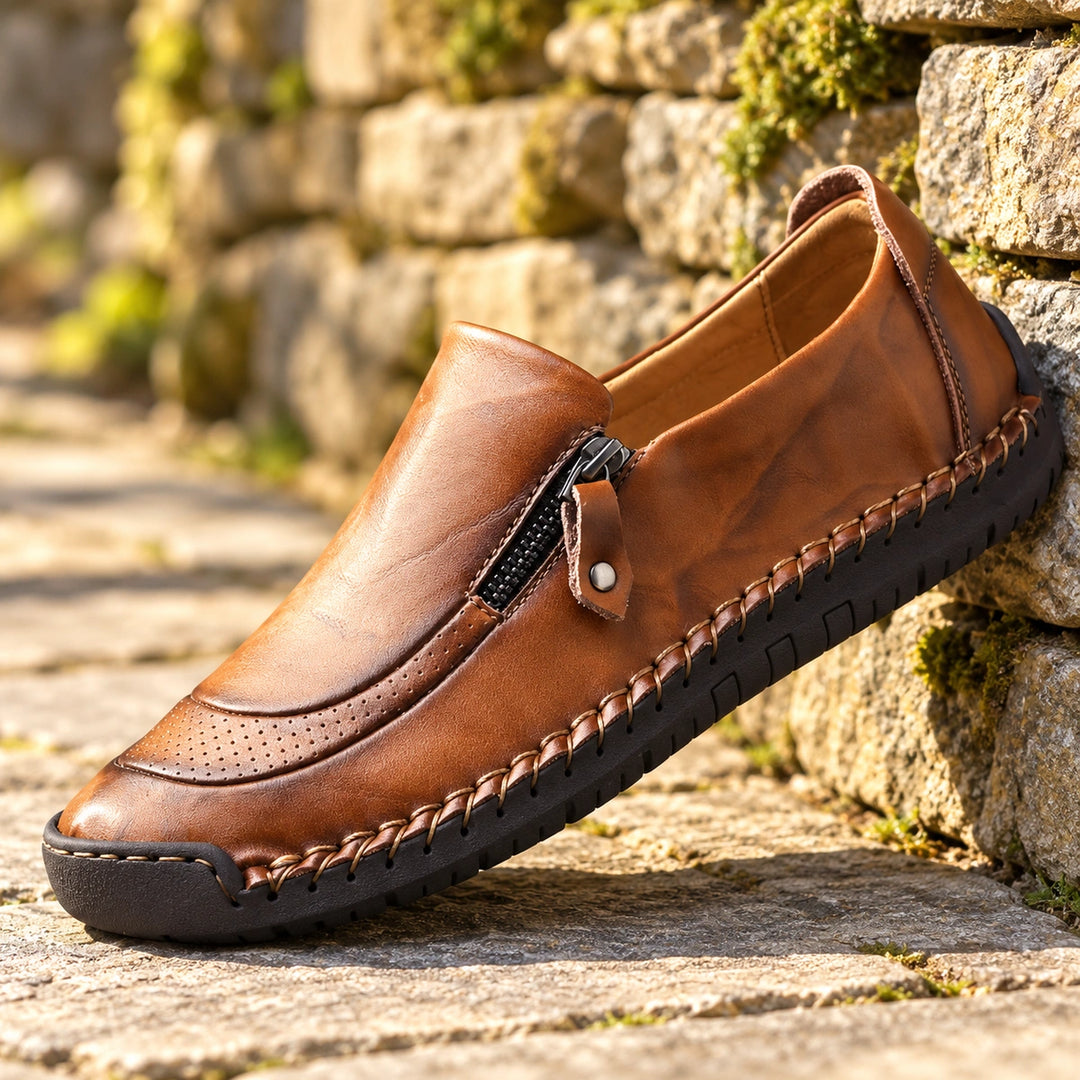 Ian Genuine Leather Zip Moccasin Loafers - Brown