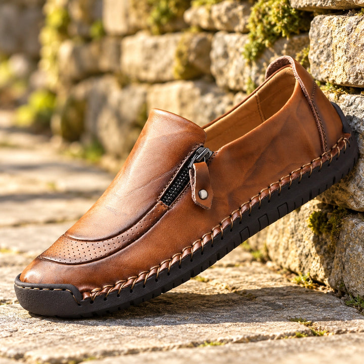 Ian Genuine Leather Zip Moccasin Loafers - Brown