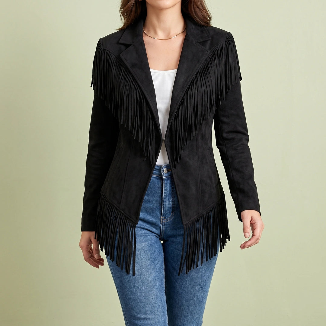 Idonea Microsuede Fringe Notch Lapel Jacket - Black