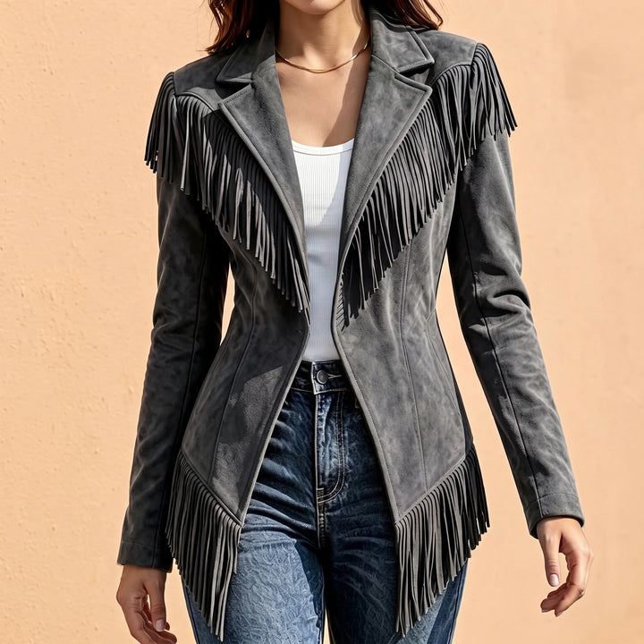 Idonea Microsuede Fringe Notch Lapel Jacket - Gray