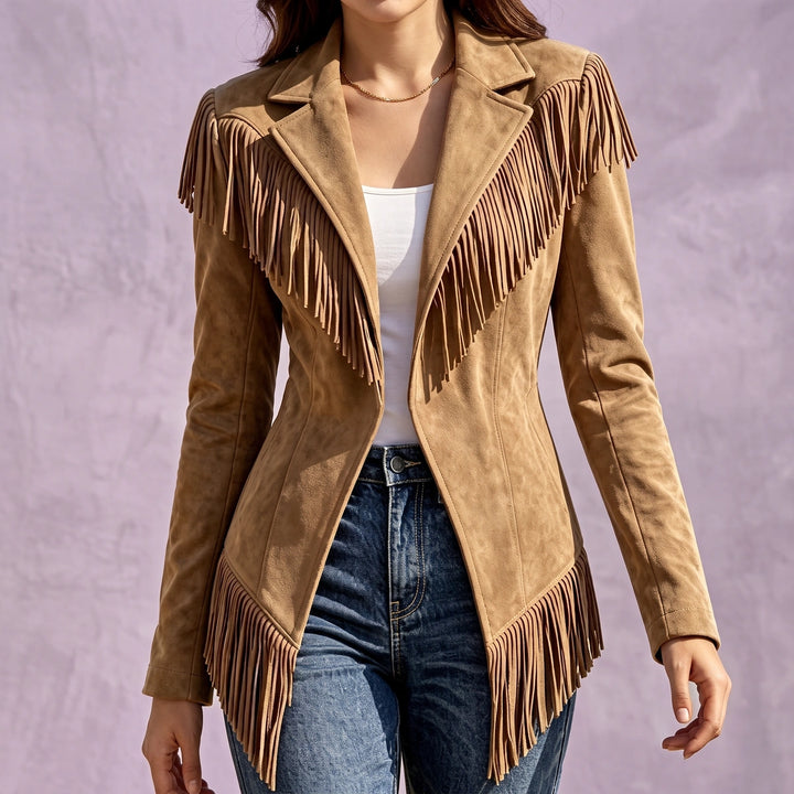 Idonea Microsuede Fringe Notch Lapel Jacket - Khaki