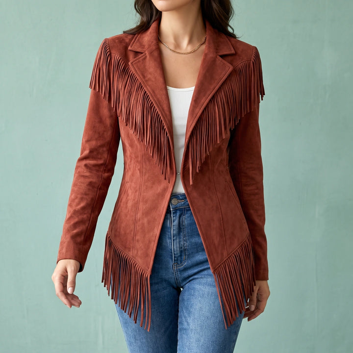Idonea Microsuede Fringe Notch Lapel Jacket - Red