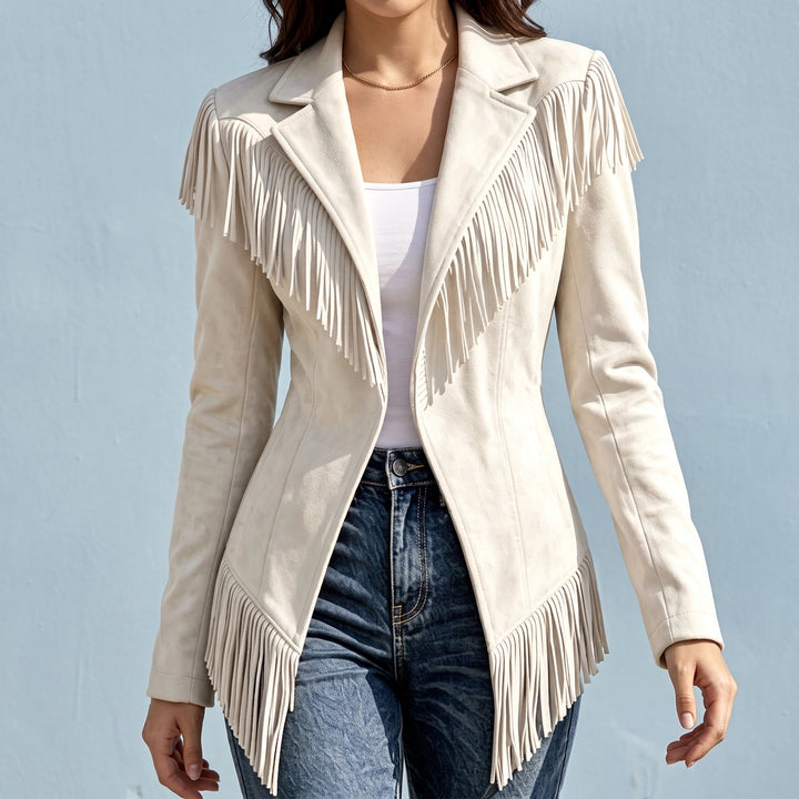 Idonea Microsuede Fringe Notch Lapel Jacket - White