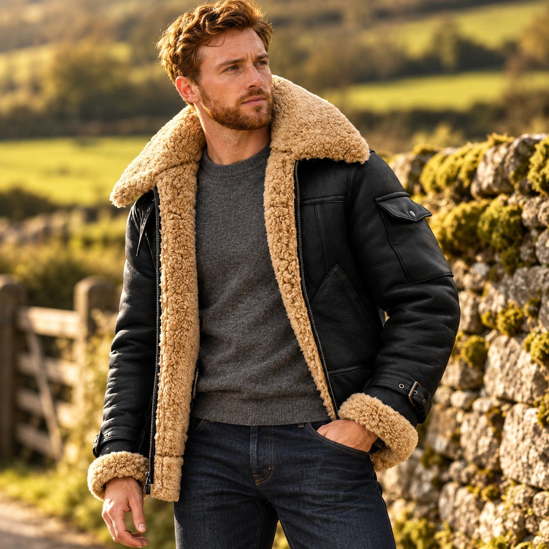 Ingmar Genuine Shearling Leather Aviator Jacket - Black