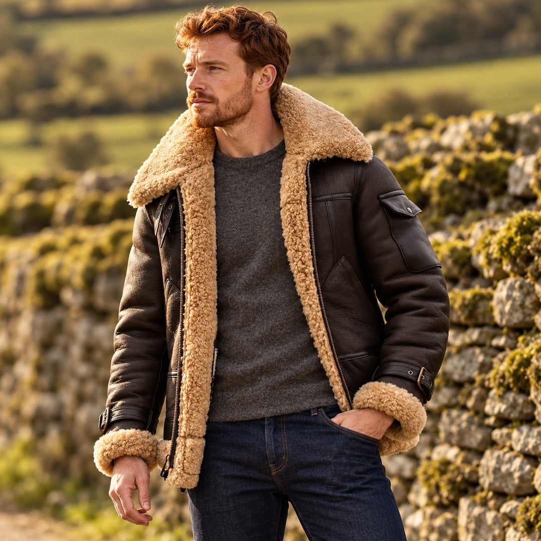Ingmar Genuine Shearling Leather Aviator Jacket - Brown