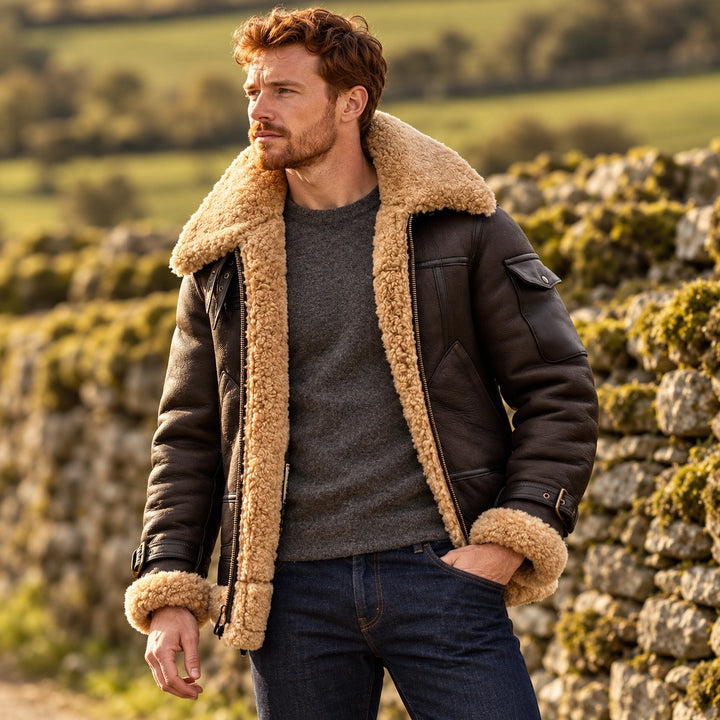 Ingmar Genuine Shearling Leather Aviator Jacket - Brown