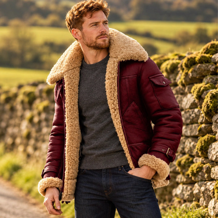 Ingmar Genuine Shearling Leather Aviator Jacket - Burgundy