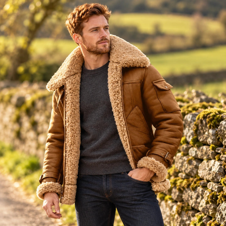 Ingmar Genuine Shearling Leather Aviator Jacket - Khaki