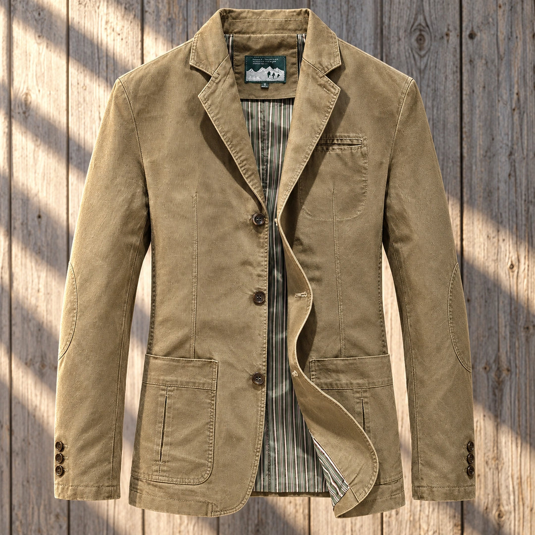Ingram Washed Cotton Twill Elbow Patch Blazer - Khaki