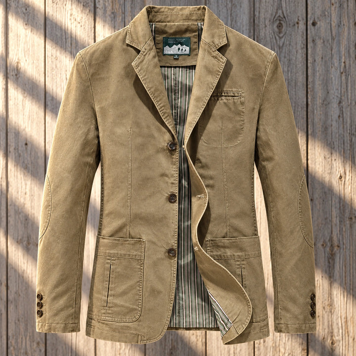 Ingram Washed Cotton Twill Elbow Patch Blazer - Khaki