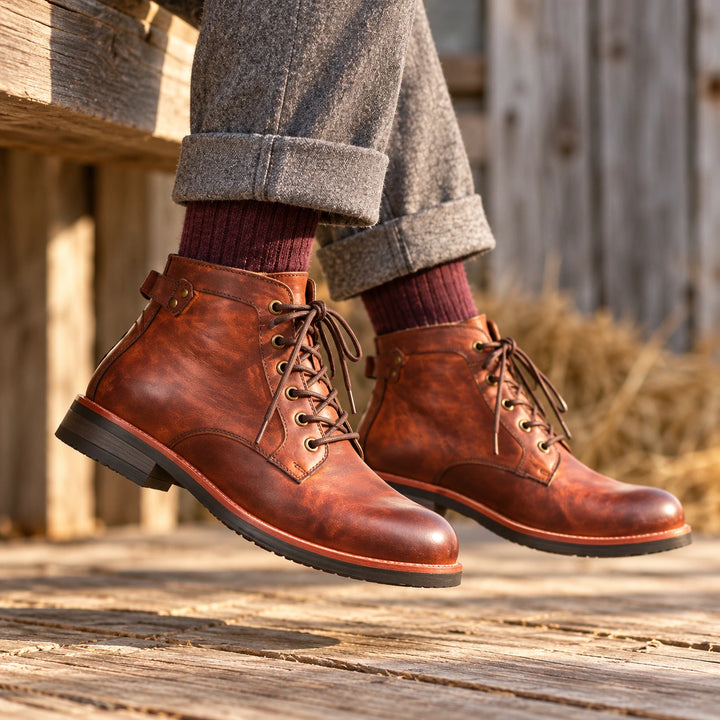Isidor Full Grain Leather Side Zip Lace Boots - Brown