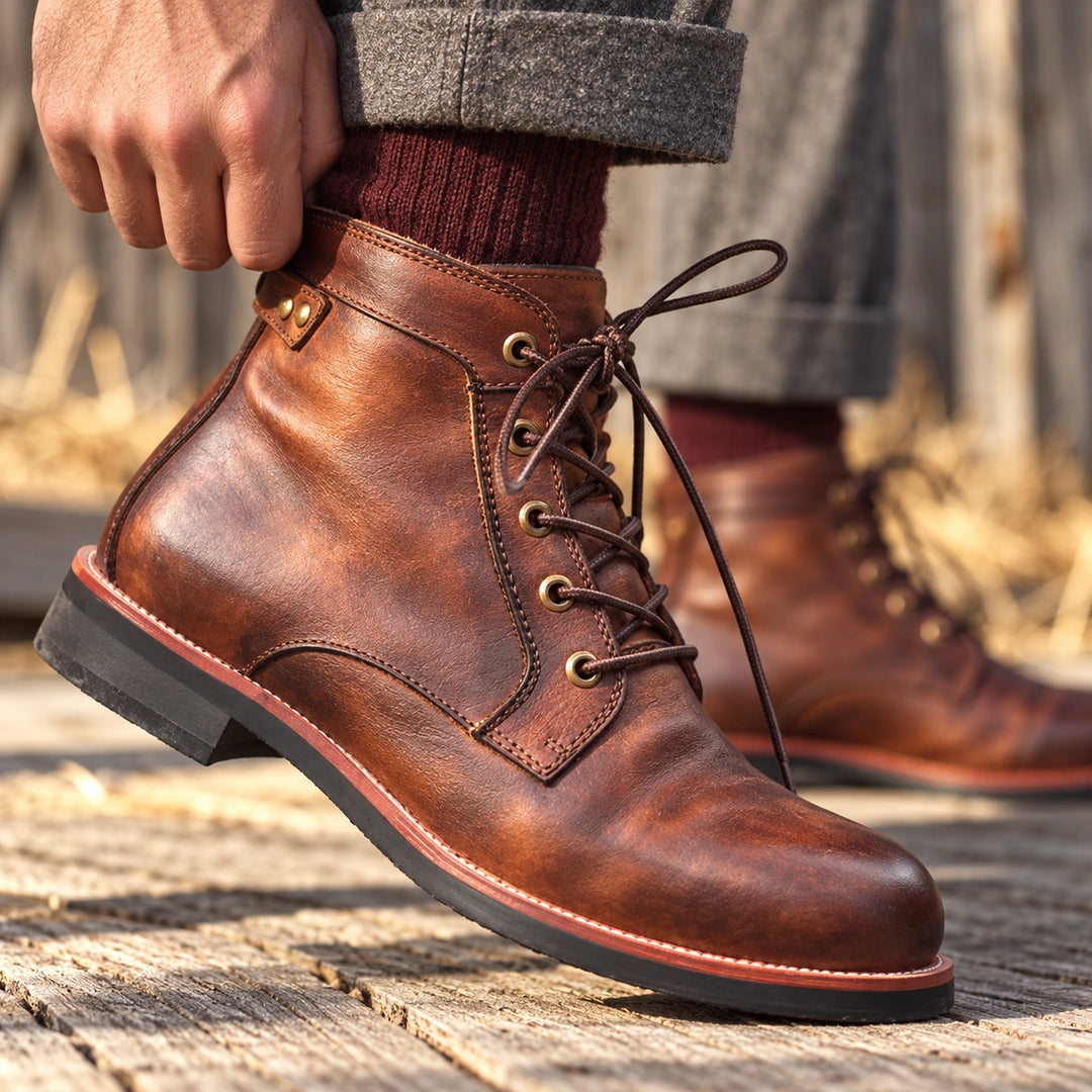 Isidor Full Grain Leather Side Zip Lace Boots - Brown