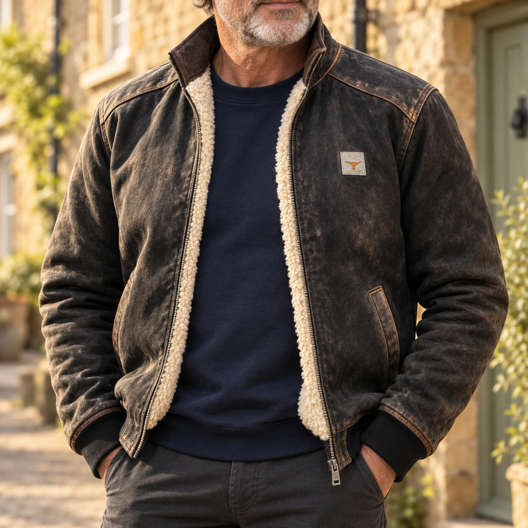 Jack Distressed Canvas Sherpa Lined Jacket - Black