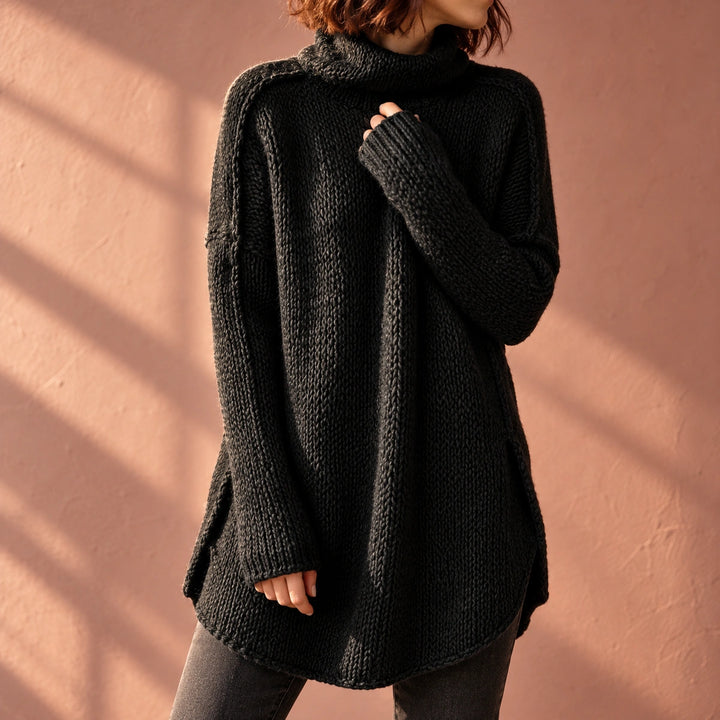 Jennifer High Collar Relaxed Long Knit Sweater - Black