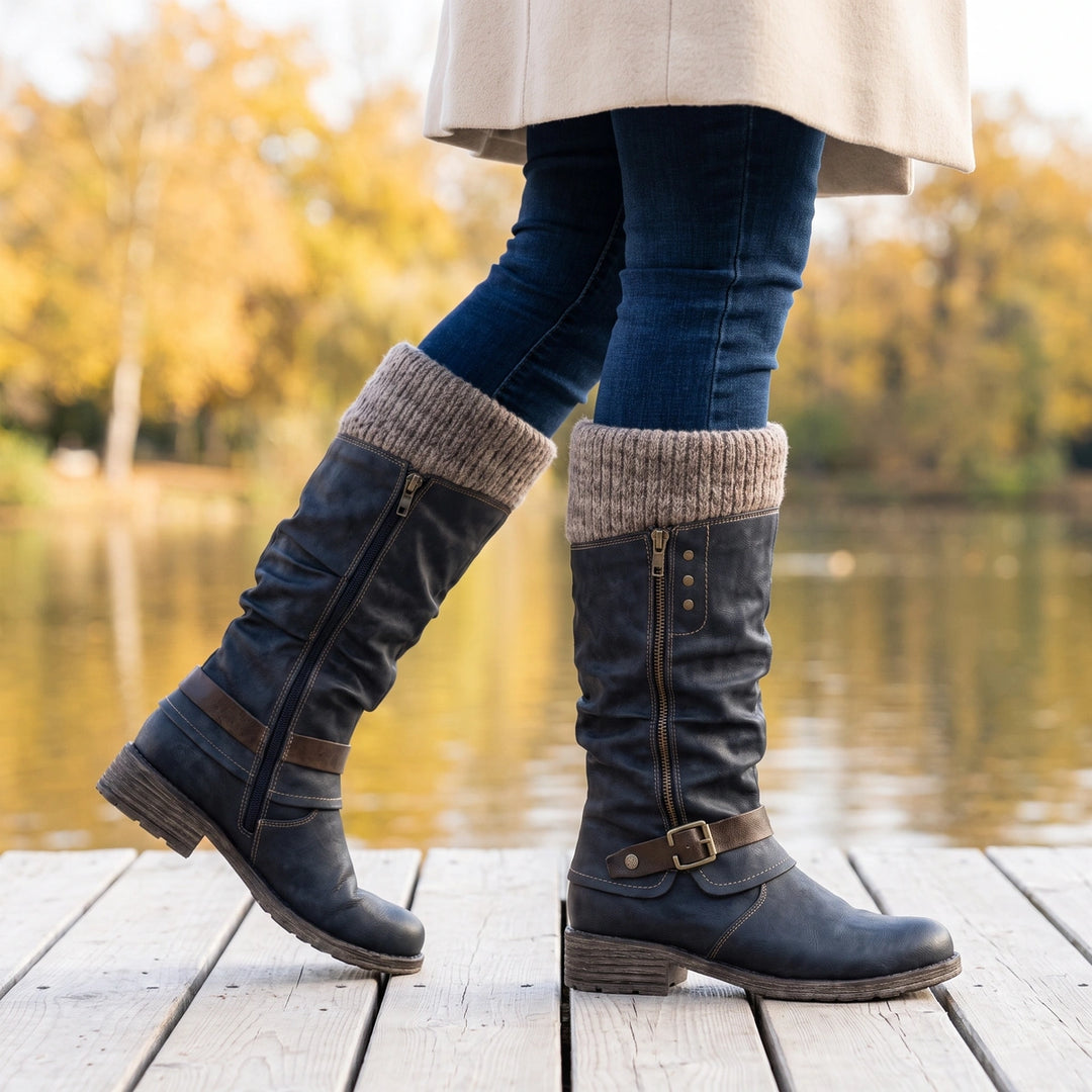 Jessamine Knit Cuff Buckle Thermal Orthopedic Boots - Black