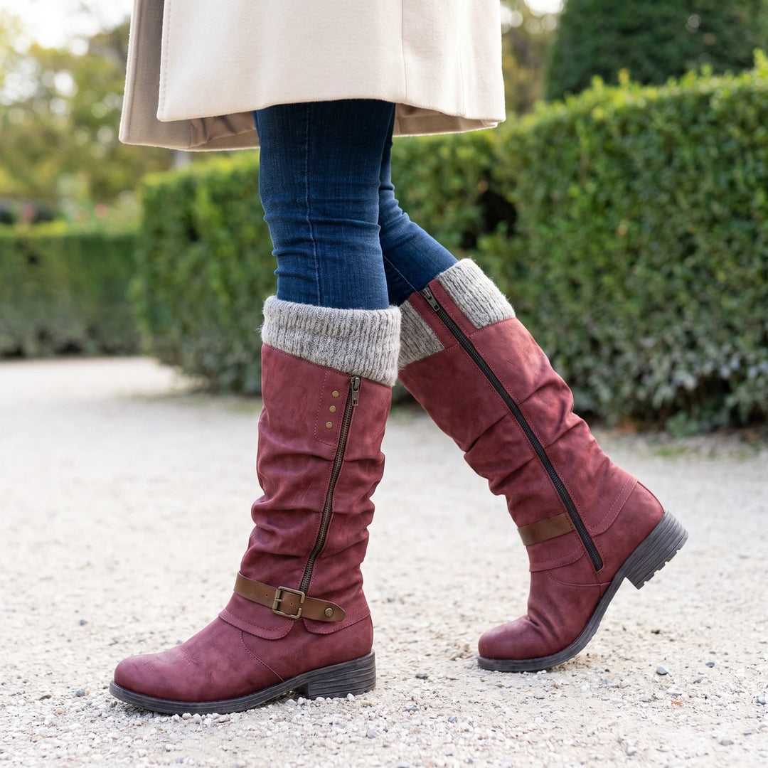 Jessamine Knit Cuff Buckle Thermal Orthopedic Boots - Red