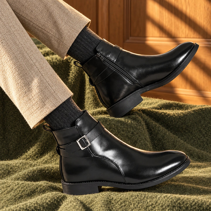 Jethro Genuine Leather Buckle Strap Ankle Boots - Black