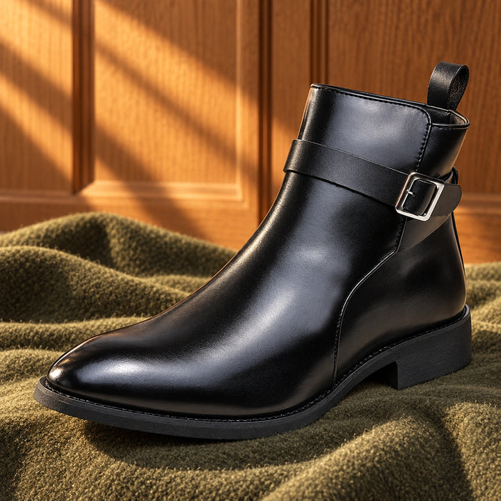 Jethro Genuine Leather Buckle Strap Ankle Boots - Black