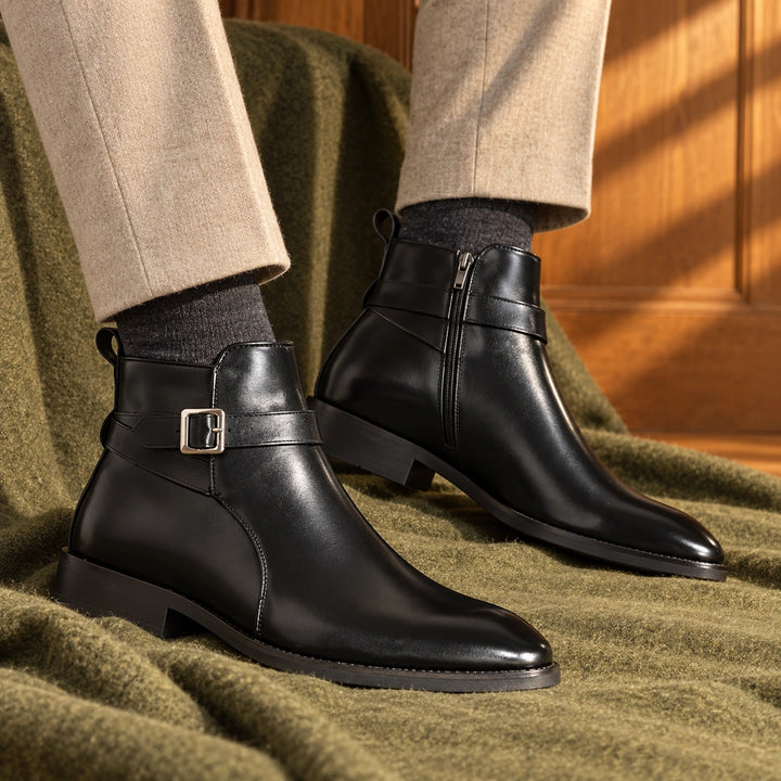 Jethro Genuine Leather Buckle Strap Ankle Boots - Black