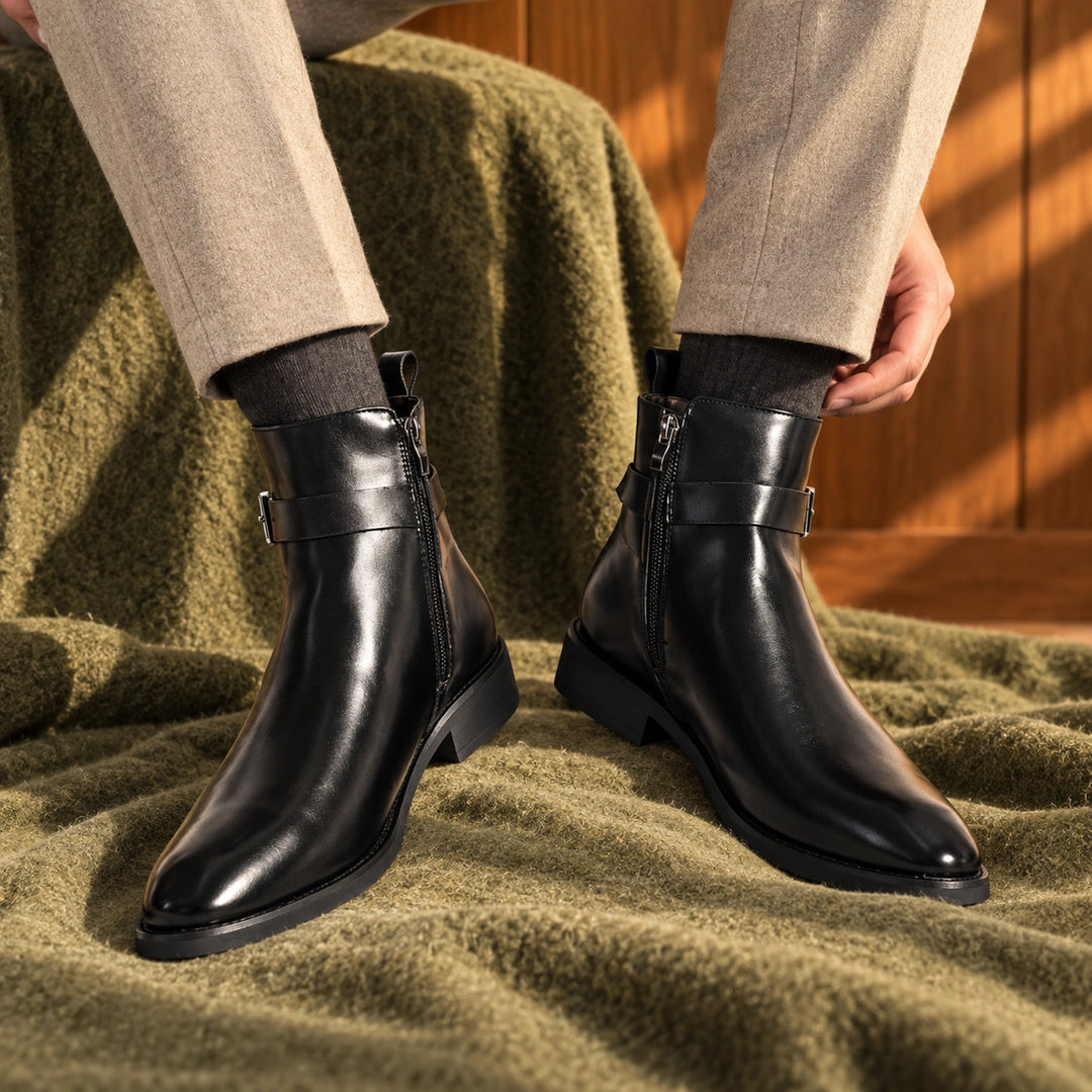 Jethro Genuine Leather Buckle Strap Ankle Boots - Black