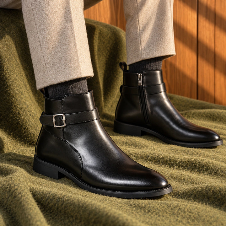 Jethro Genuine Leather Buckle Strap Ankle Boots - Black