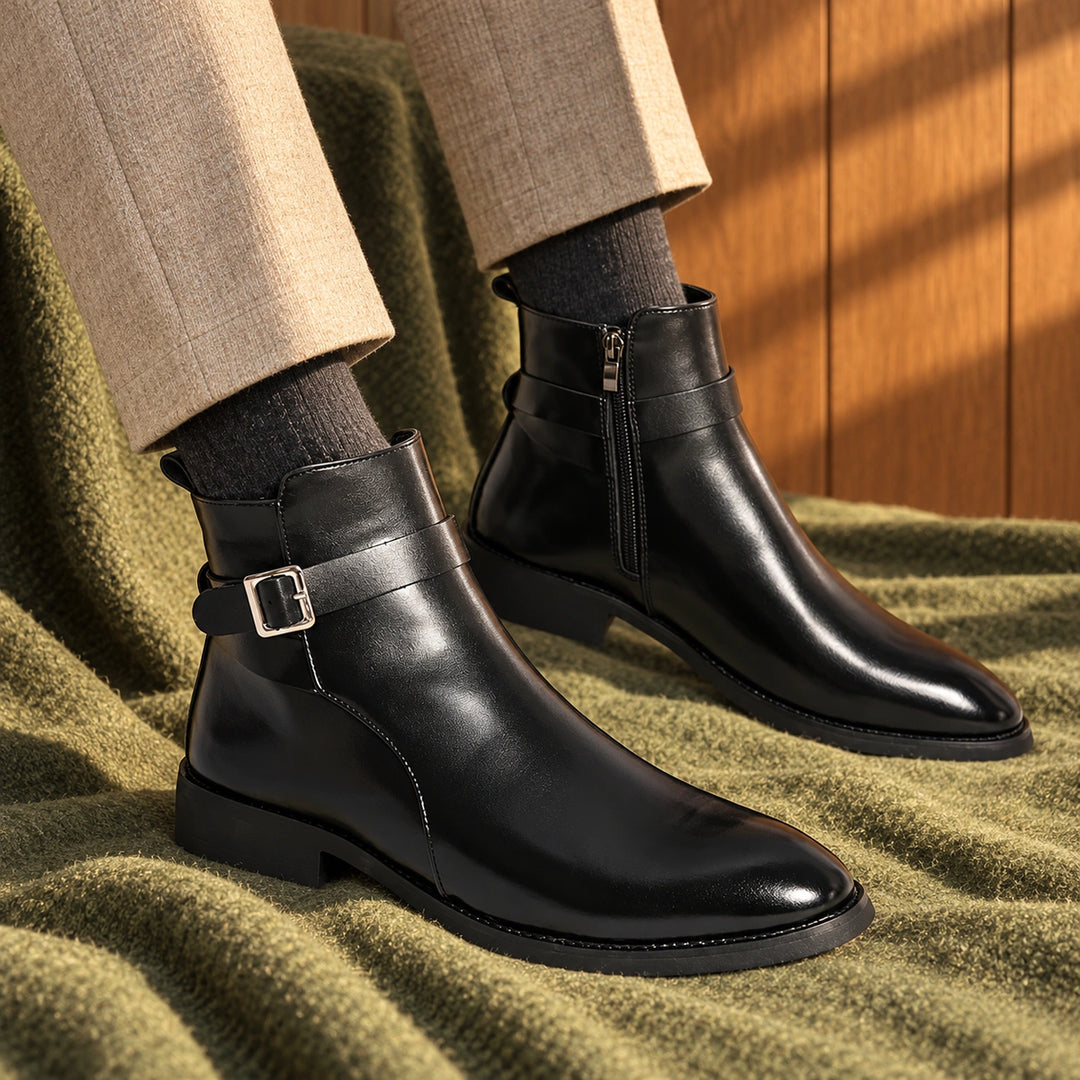 Jethro Genuine Leather Buckle Strap Ankle Boots - Black