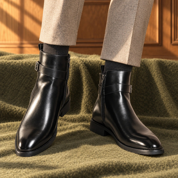Jethro Genuine Leather Buckle Strap Ankle Boots - Black