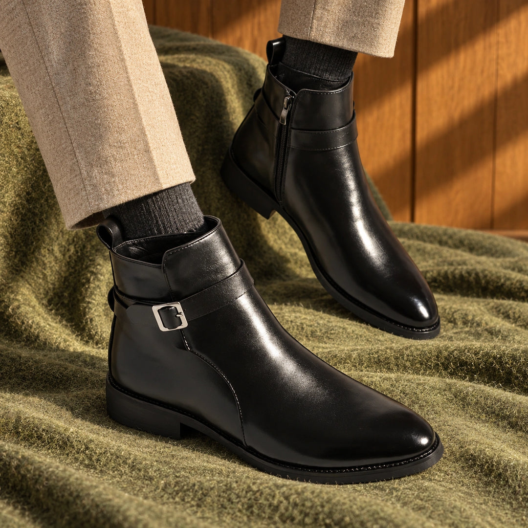 Jethro Genuine Leather Buckle Strap Ankle Boots - Black