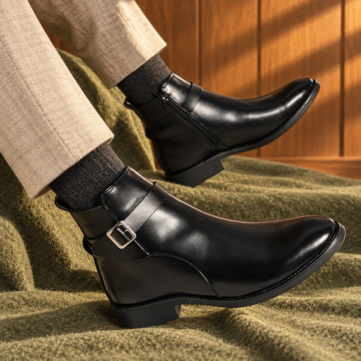 Jethro Genuine Leather Buckle Strap Ankle Boots - Black