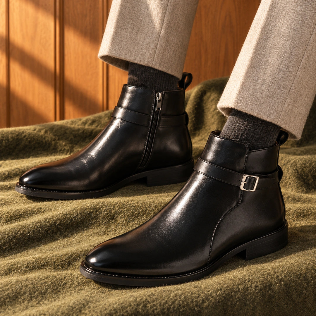 Jethro Genuine Leather Buckle Strap Ankle Boots - Black