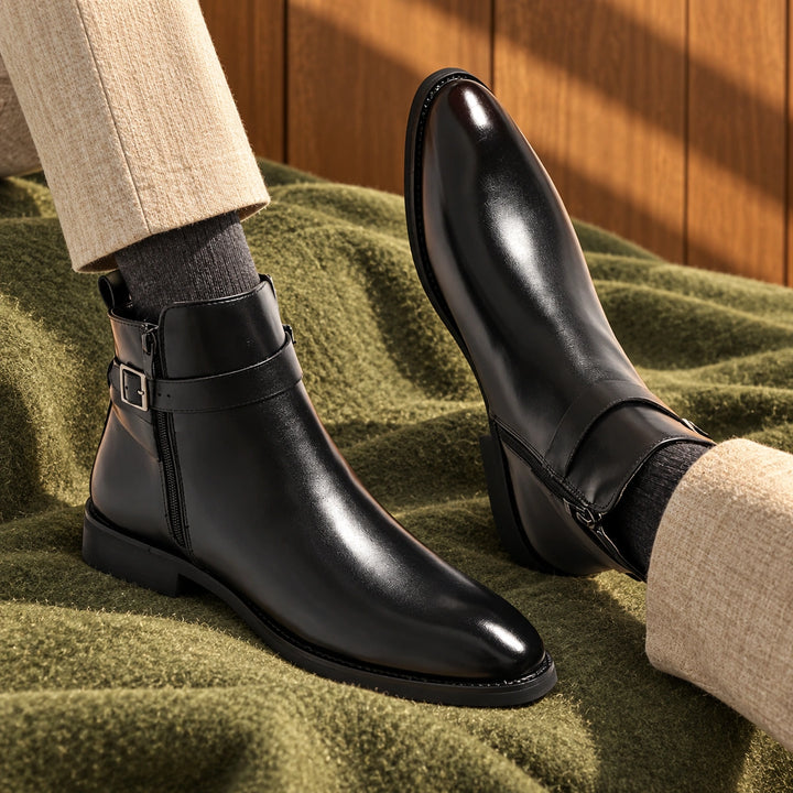Jethro Genuine Leather Buckle Strap Ankle Boots - Black