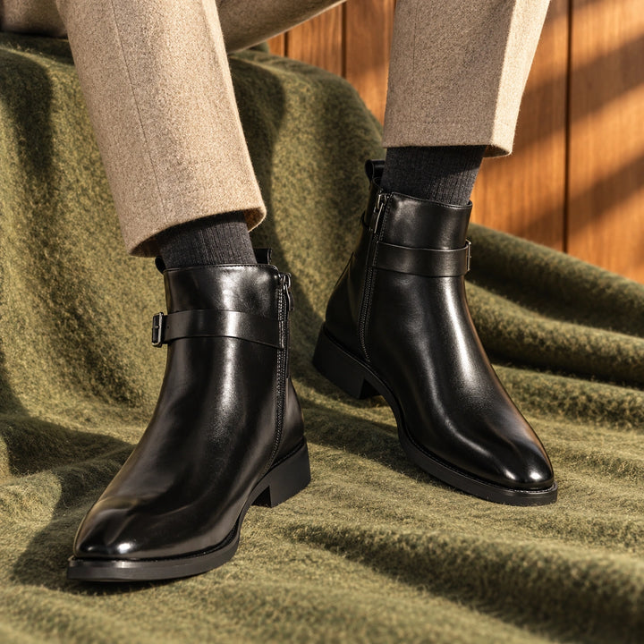 Jethro Genuine Leather Buckle Strap Ankle Boots - Black