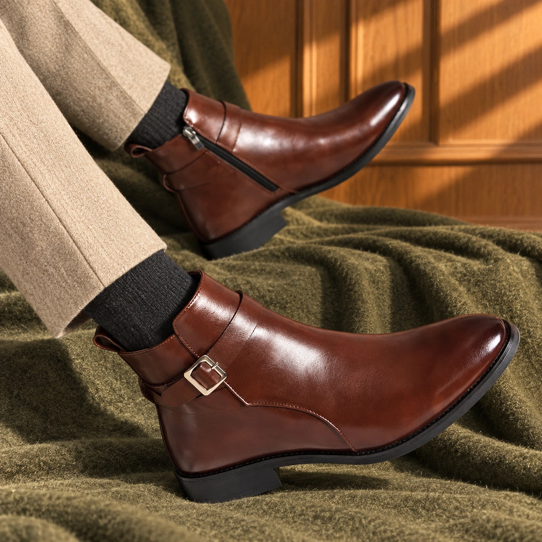 Jethro Genuine Leather Buckle Strap Ankle Boots - Brown