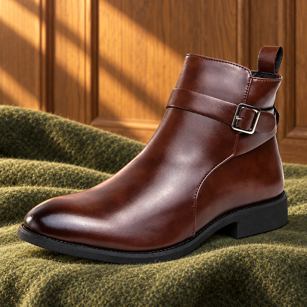 Jethro Genuine Leather Buckle Strap Ankle Boots - Brown