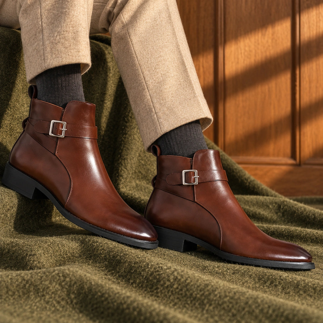 Jethro Genuine Leather Buckle Strap Ankle Boots - Brown
