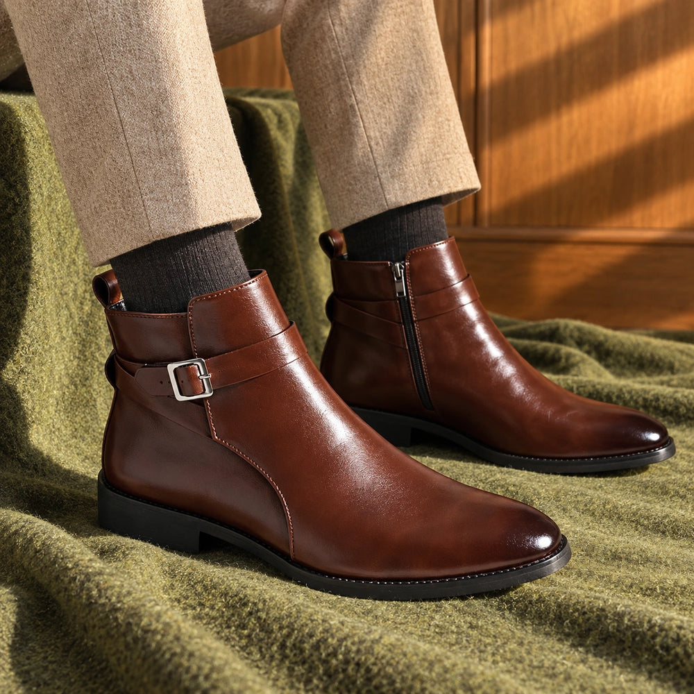 Jethro Genuine Leather Buckle Strap Ankle Boots - Brown