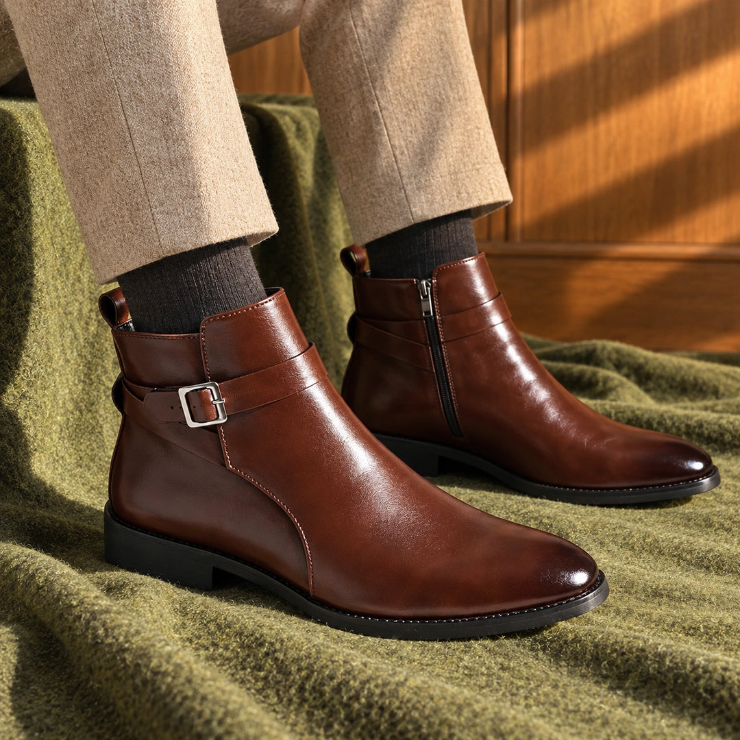 Jethro Genuine Leather Buckle Strap Ankle Boots - Brown