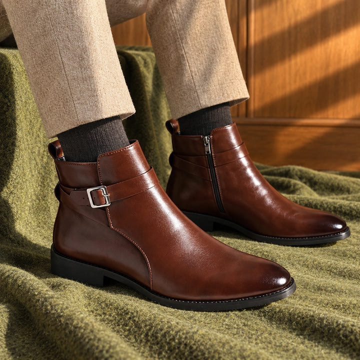 Jethro Genuine Leather Buckle Strap Ankle Boots - Brown