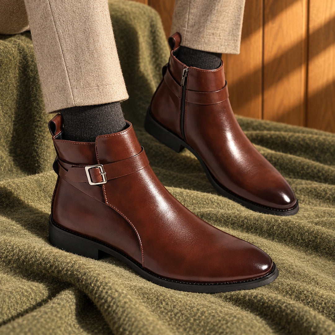 Jethro Genuine Leather Buckle Strap Ankle Boots - Brown