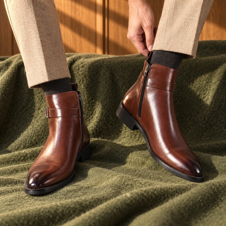 Jethro Genuine Leather Buckle Strap Ankle Boots - Brown