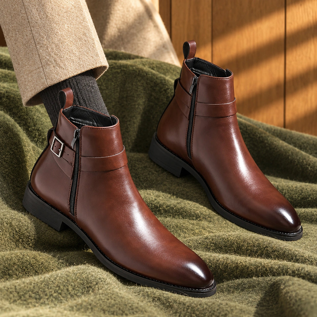 Jethro Genuine Leather Buckle Strap Ankle Boots - Brown