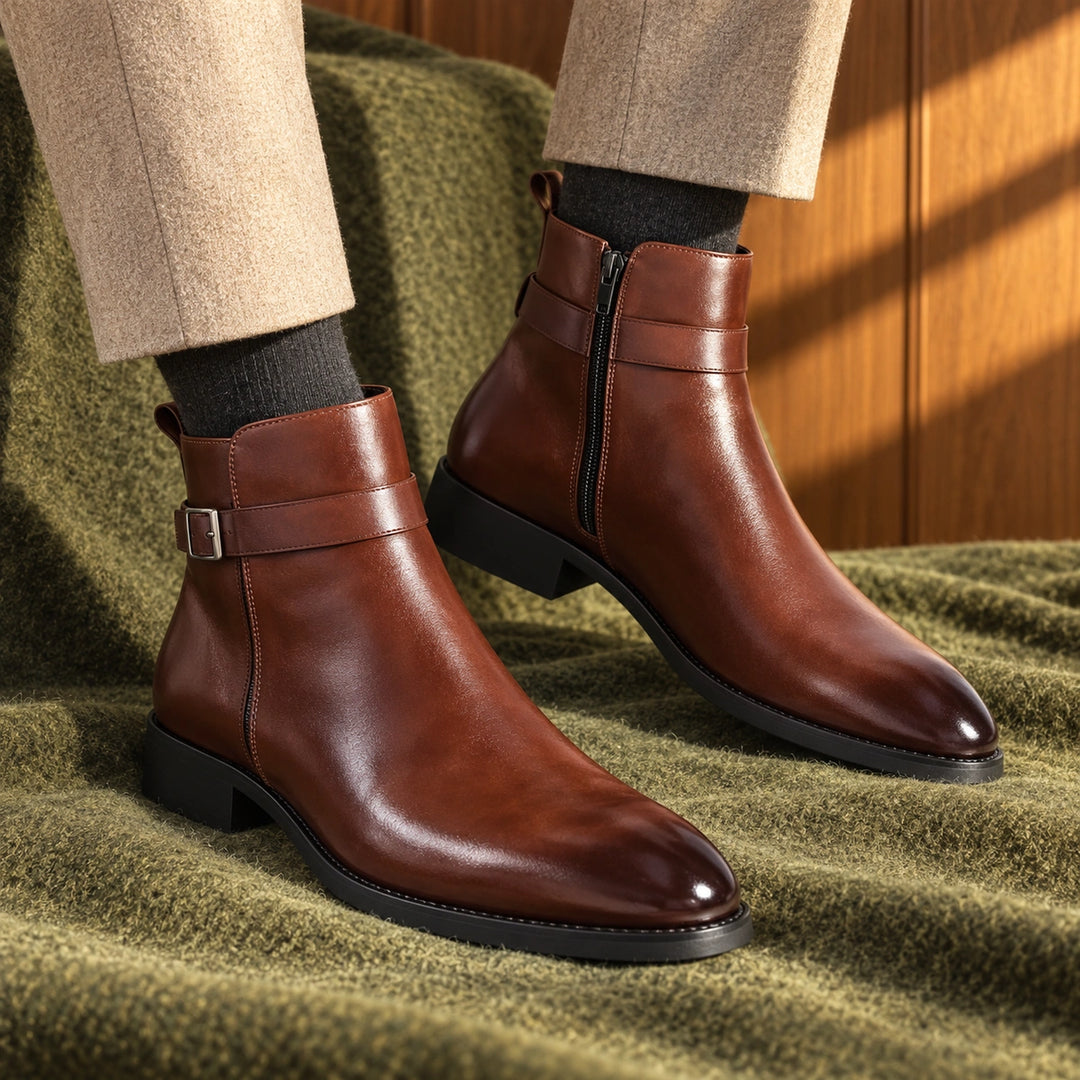 Jethro Genuine Leather Buckle Strap Ankle Boots - Brown