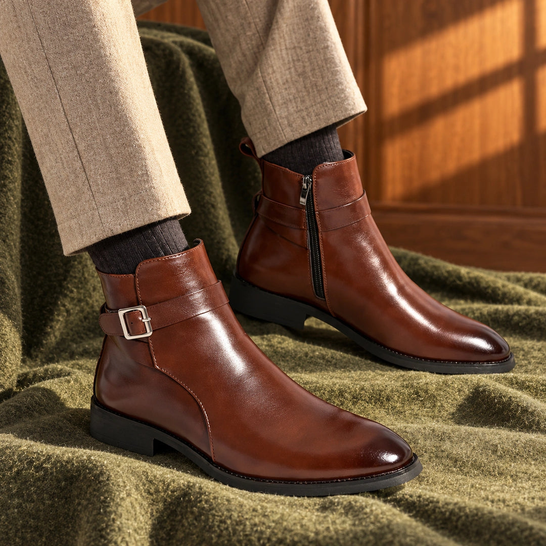 Jethro Genuine Leather Buckle Strap Ankle Boots - Brown