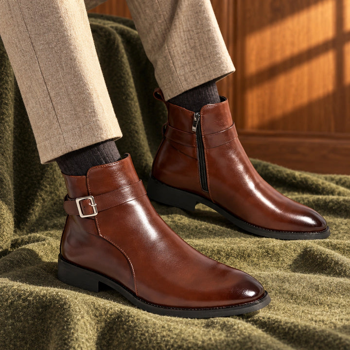 Jethro Genuine Leather Buckle Strap Ankle Boots - Brown