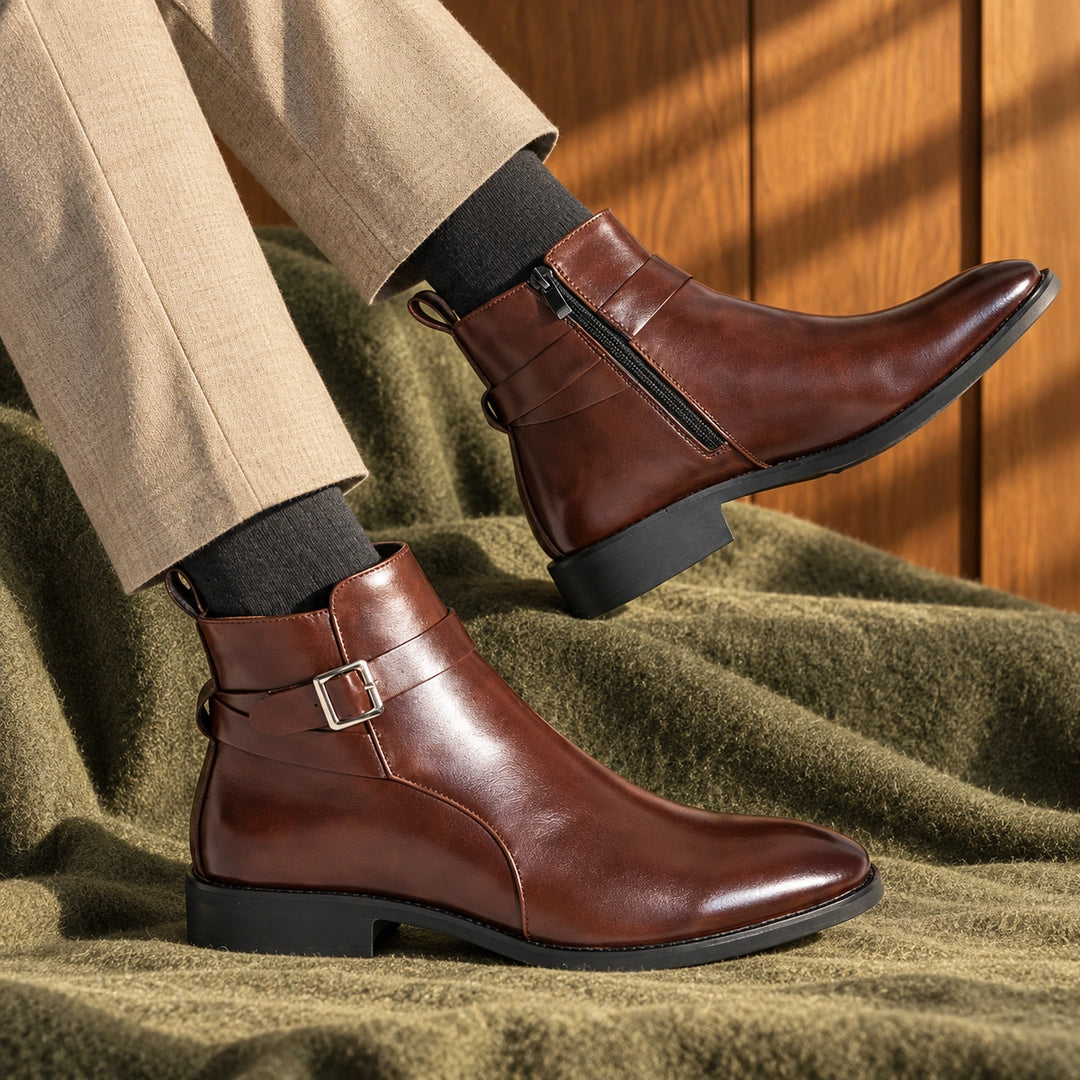 Jethro Genuine Leather Buckle Strap Ankle Boots - Brown